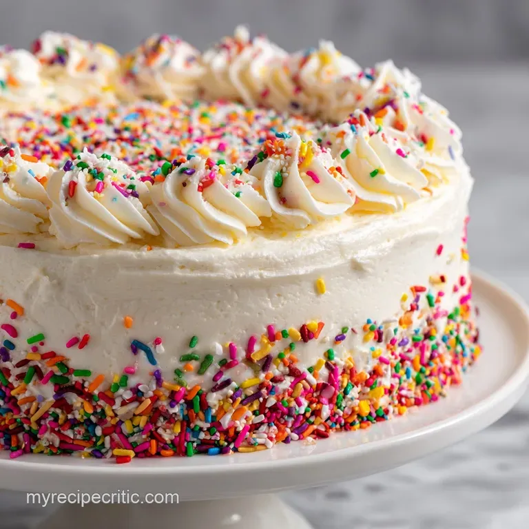 Slice of moist yellow cake with thick, swirled frosting. Sprinkles add playful texture. On a white plate, inviting and rea...