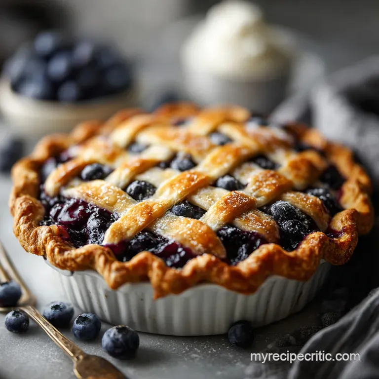 Slice of blueberry pie with a flaky crust, served with a scoop of melting vanilla ice cream. Sweet, vibrant, and tempting.