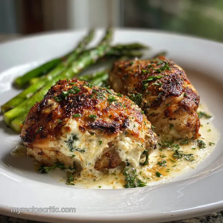 Plated seared chicken breast, oozing cheese, herbs on top. Served with asparagus and a bright lemon wedge.