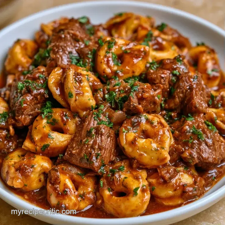 Sleek white bowl of tender pasta and slow-cooked beef, garnished with a sprig of thyme and a dusting of cheese.