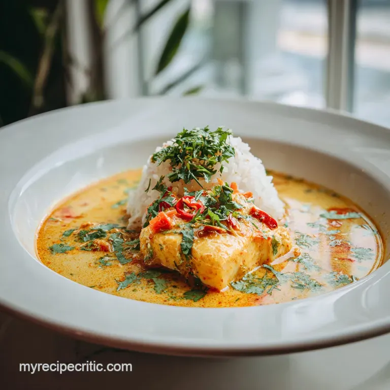 A steaming portion of creamy, golden fish stew, topped with bright green herbs and a dollop of sour cream.