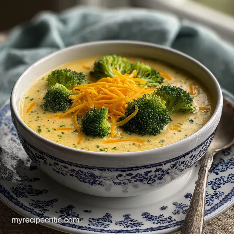 Bowl of vibrant broccoli cheese soup with a swirl of cream, sprinkled with sharp cheddar, and fresh green broccoli florets.