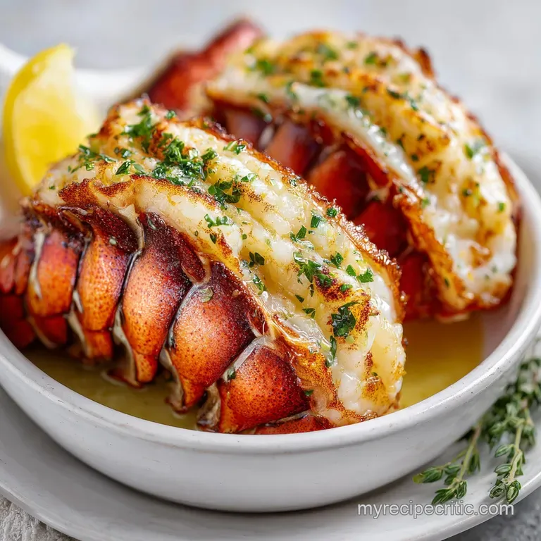 Elegant plate showcasing a succulent lobster tail, perfectly broiled to a golden hue, beside fresh herbs.