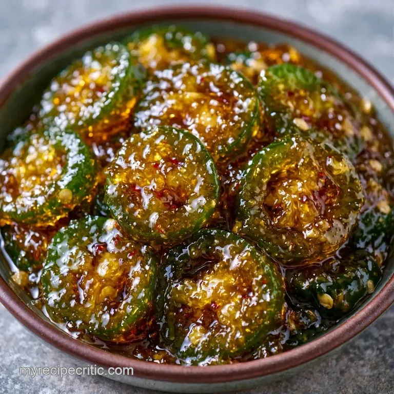 Glistening green pepper slices piled high on a white ceramic spoon with a drizzle of thick, amber-colored syrup.