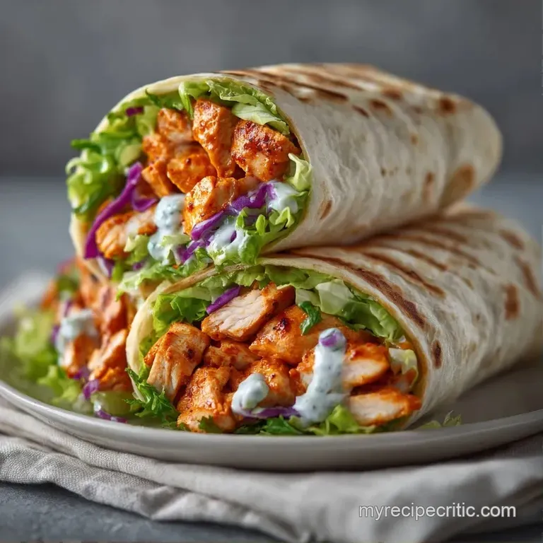 Two sliced wraps showing a creamy spicy filling, served on a white ceramic plate with a side of cool ranch dip.