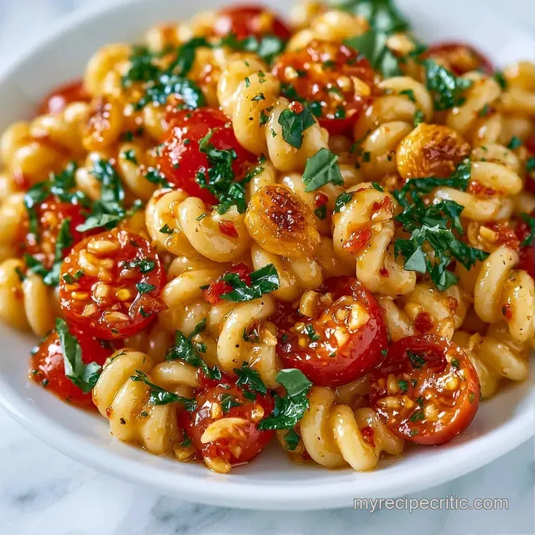 Swirled pasta in a white ceramic bowl topped with juicy roasted tomatoes and thin shavings of parmesan cheese.