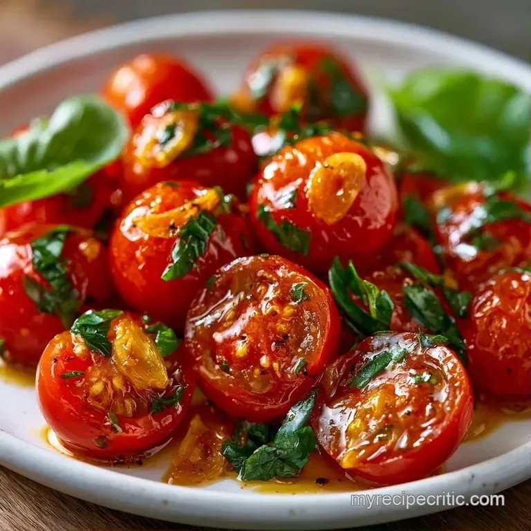 Glossy red tomato reduction draped over a nest of pasta, topped with a sprig of basil on a white ceramic plate.