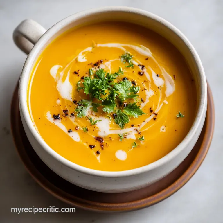 Smooth butternut squash soup in a shallow bowl; crispy fried sage leaves and a drizzle of golden oil accentuate its vibran...