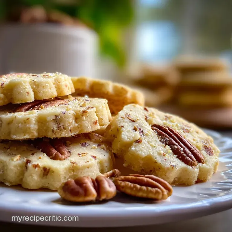 Stacked pecan shortbread cookies with crumbly edges, dusted with powdered sugar, presented on a white plate.