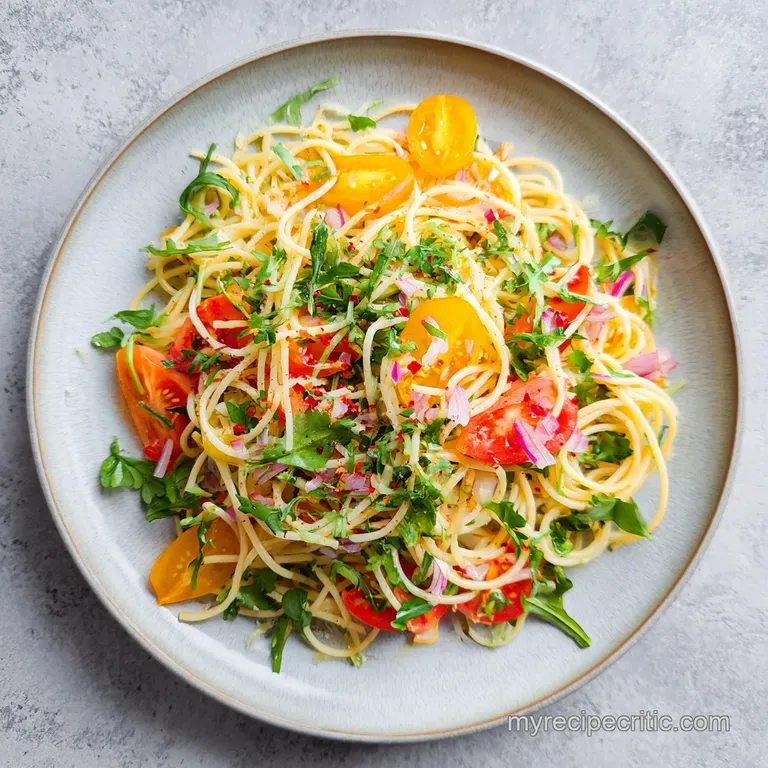 A generous swirl of spaghetti salad, glistening with dressing and dotted with fresh green herbs on a white plate.