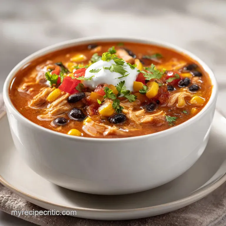 Warm, inviting bowl of taco soup with a dollop of sour cream and a sprinkle of green onions, served on a rustic wooden table.