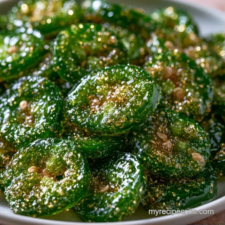 A small white porcelain bowl filled with translucent green pepper rings drizzled in a thick, golden sugary glaze.
