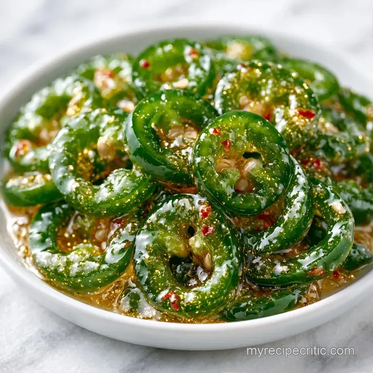Sweet and spicy candied jalape&ntilde;o rounds piled high on a white porcelain plate beside a wedge of cream cheese.