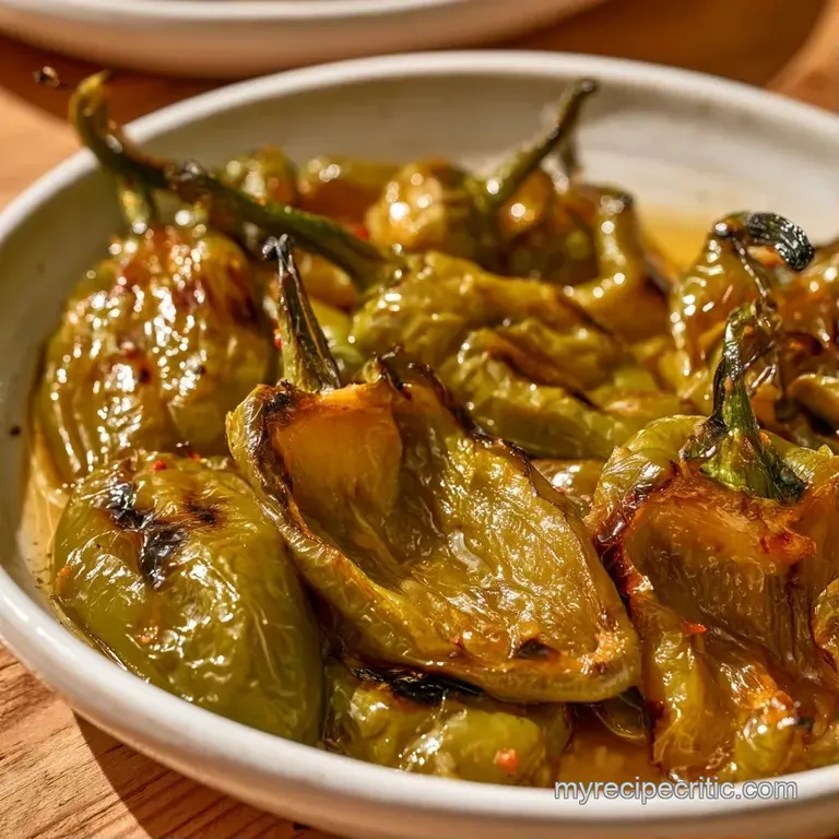 Charred green pepper strips glistening with olive oil, artfully arranged on a white platter with fresh parsley.