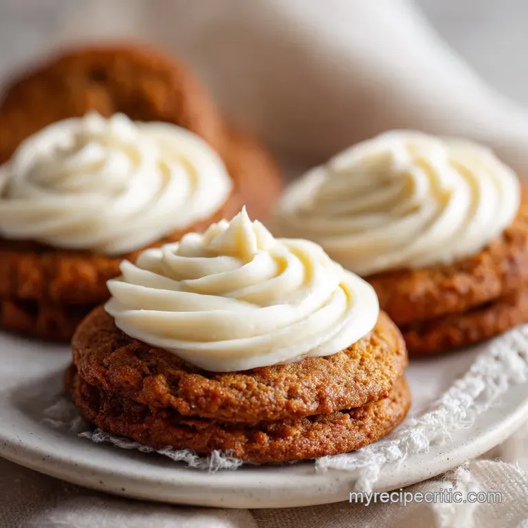 A white marble plate featuring a stack of spiced orange cookies topped with a swirl of rich, white velvet cream.