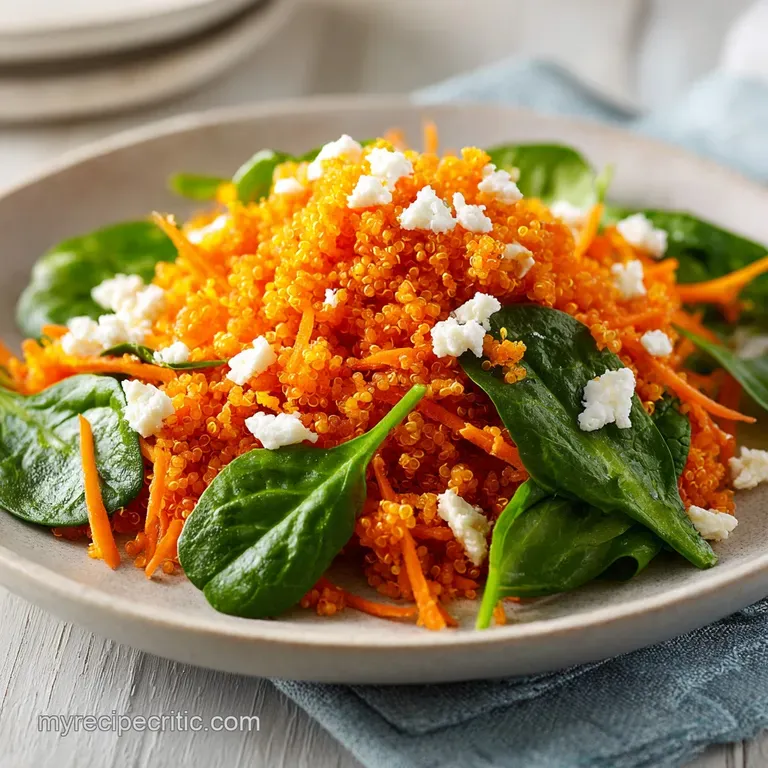 Elegant swirl of bright orange shredded carrots topped with crunchy golden quinoa on a minimalist white plate.