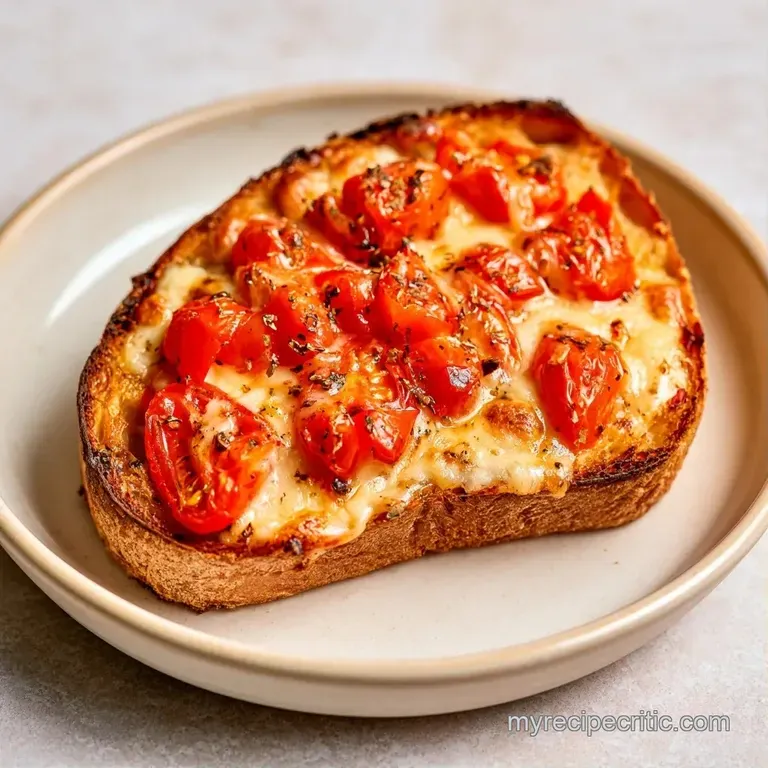 Diagonally sliced toasted bread showing melted cheese and red tomatoes on a white plate with a side of fresh arugula.