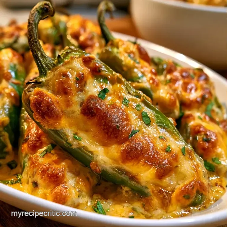 Roasted green peppers topped with toasted cheese, plated on a dark slate with a garnish of micro-greens.