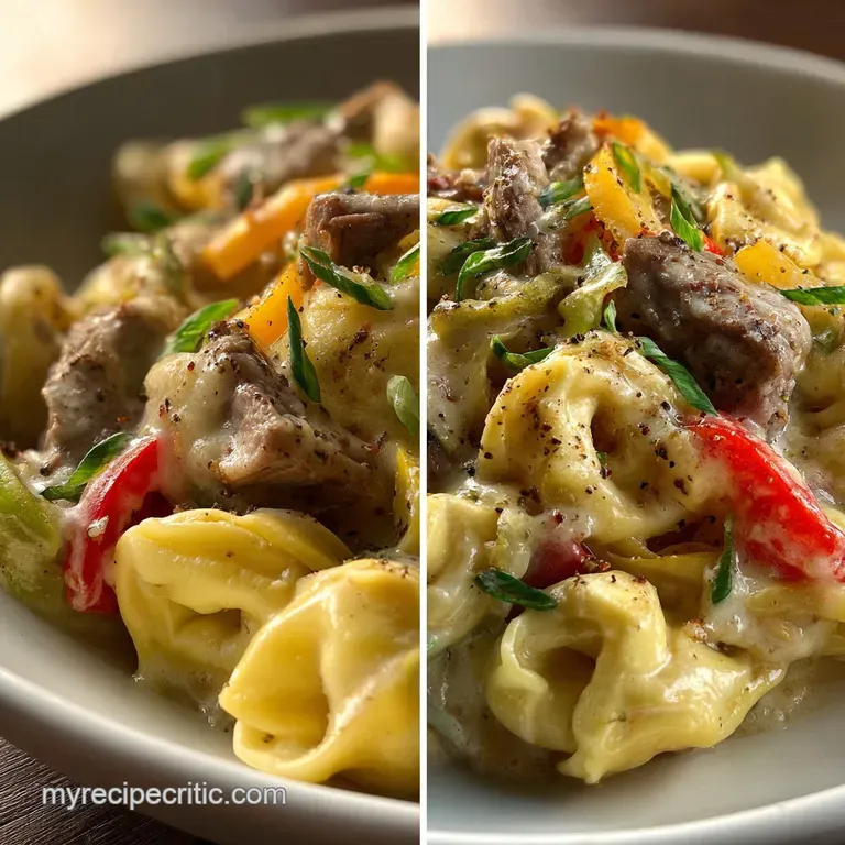 Plated cheesesteak tortellini featuring golden-brown pasta, glistening sauce, and a sprinkle of fresh parsley for a pop of...