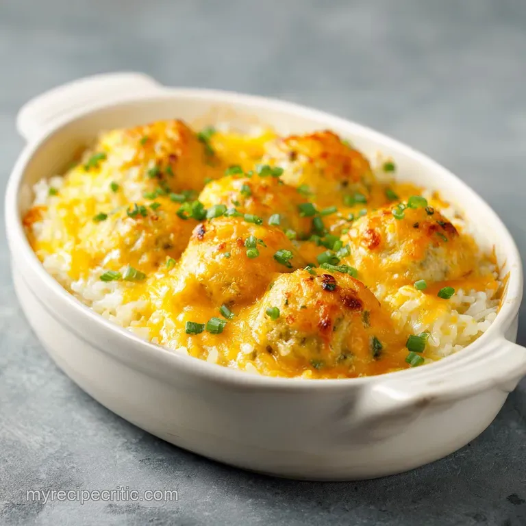 Creamy, cheesy meatball rice casserole scoop on a plate, steam rising. Garnished with fresh herbs, side of toasted bread.