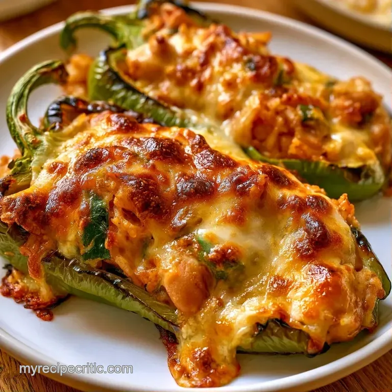 Charred green stuffed peppers arranged on a white platter with fresh parsley and a light drizzle of cream sauce.