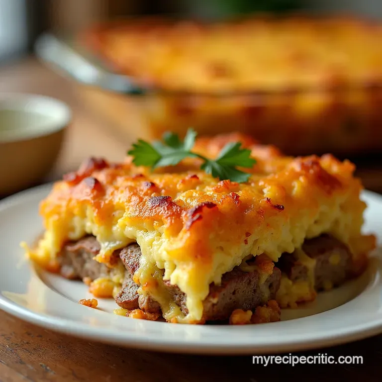 The Ultimate Weekend Warrior Cheesy Sausage Crispy Hash Brown Bake presentation
