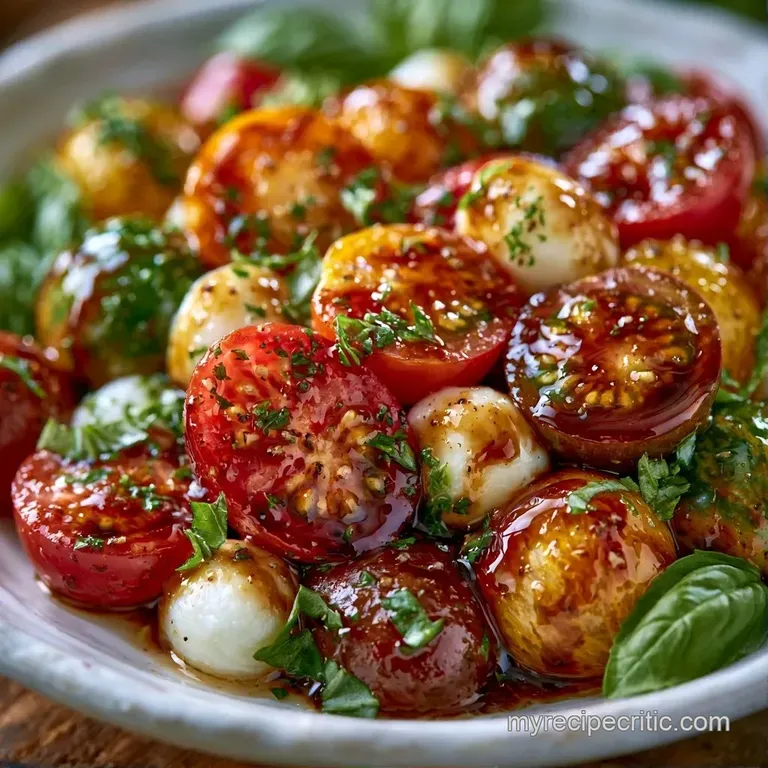 Red cherry tomatoes and white mozzarella spheres arranged on a white plate with basil and a dark balsamic swirl.