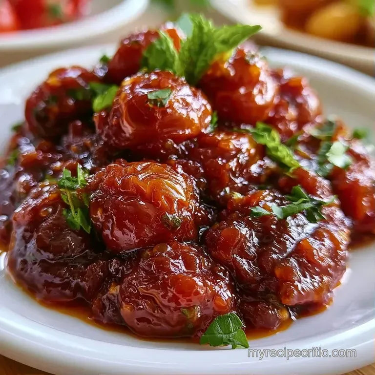 Vibrant crimson tomato preserve in a crystal bowl paired with a crisp toasted baguette slice and fresh parsley.
