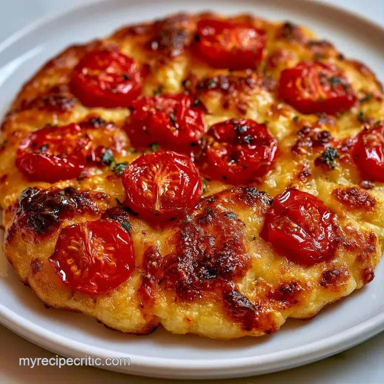 Golden-brown flatbread slices topped with roasted tomatoes and melted cheese on a minimalist white ceramic plate.