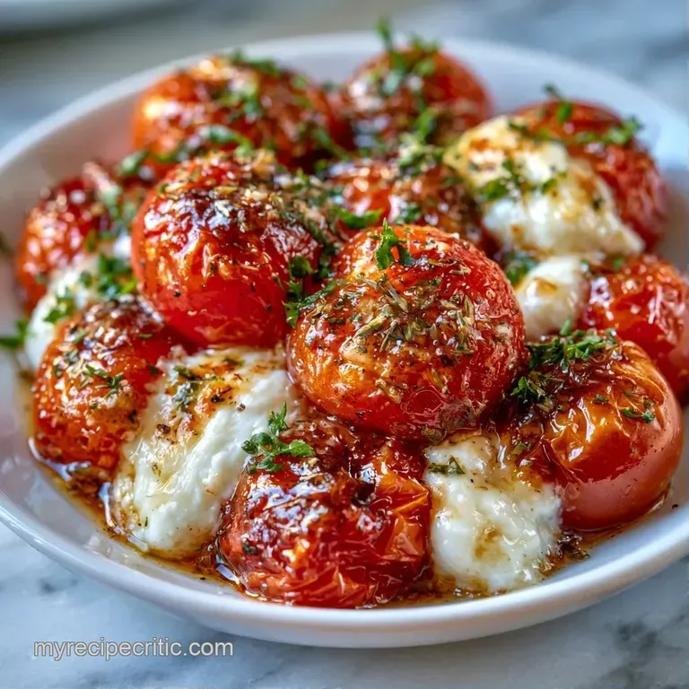A rustic cast iron skillet filled with blistered red tomatoes and creamy, melted goat cheese topped with fresh herbs.