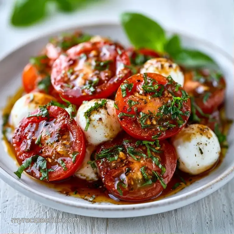Bright red tomatoes and pearly white mozzarella balls drizzled with oil and topped with fresh aromatic basil leaves.