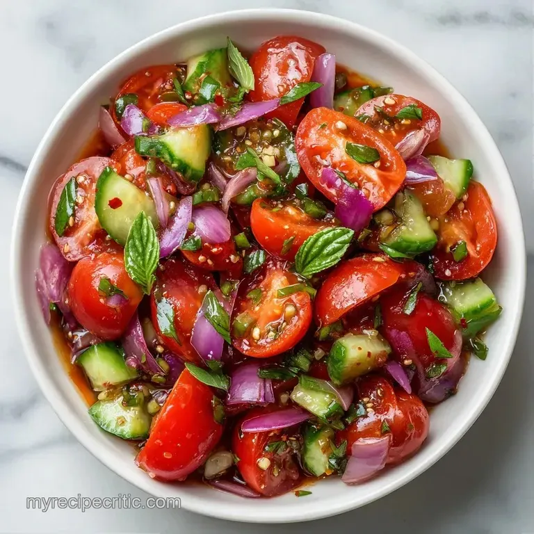 Vibrant red cherry tomatoes and sliced purple onions drizzled with dark balsamic glaze in a white ceramic bowl.