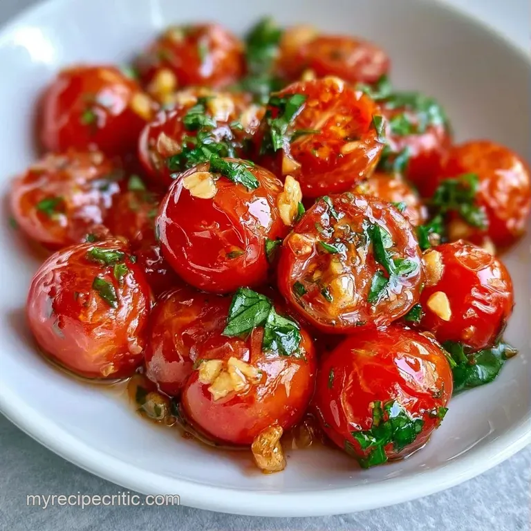 Glossy red sauce drizzled over al dente pasta, topped with a sprig of basil and a dusting of parmesan cheese.