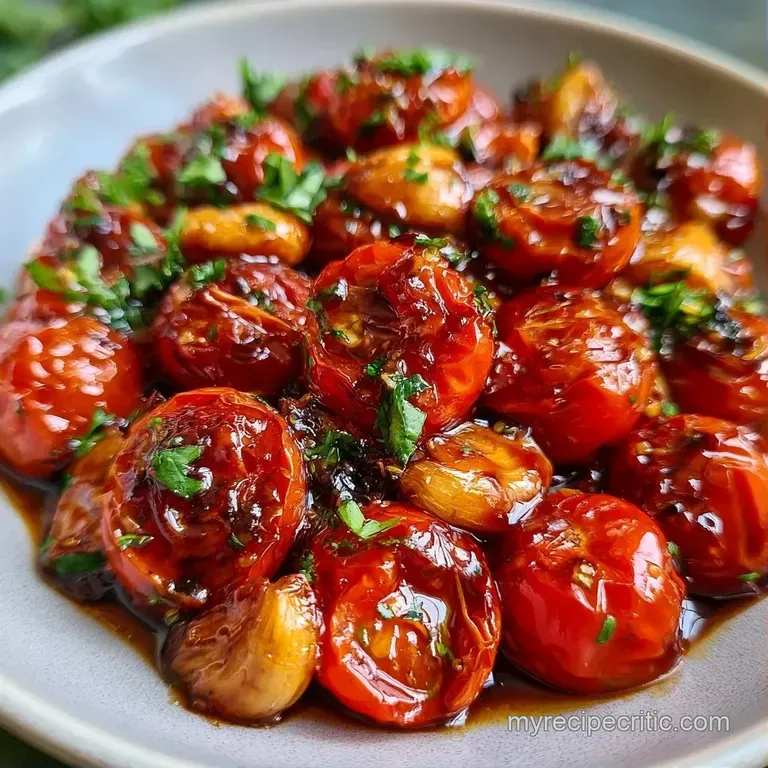 Vibrant red burst cherry tomatoes glistening in oil, served over crusty bread with a sprinkle of flaky sea salt.