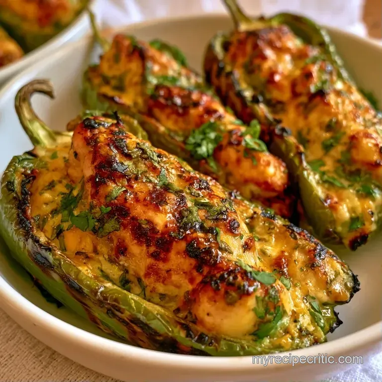 Sliced roasted green peppers and succulent chicken breast arranged neatly on a white ceramic plate with fresh herbs.
