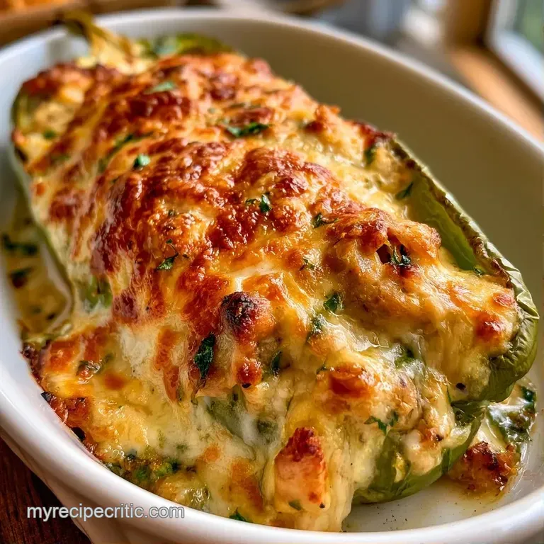 Cheesy stuffed green peppers elegantly plated on a white dish with a side of fluffy rice and fresh parsley.