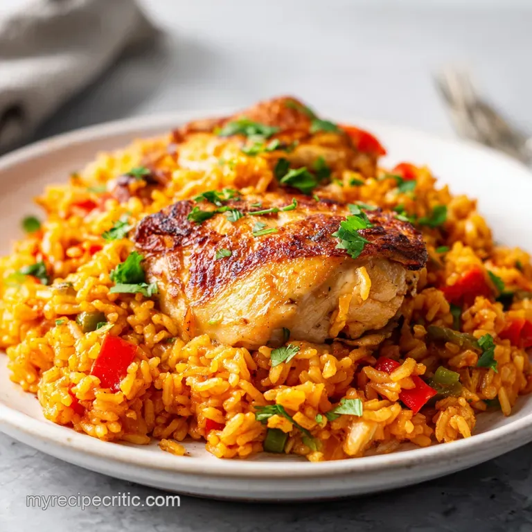 Perfectly portioned plate of saffron-hued chicken and rice, garnished with fresh parsley. Tender chicken and fluffy grains.