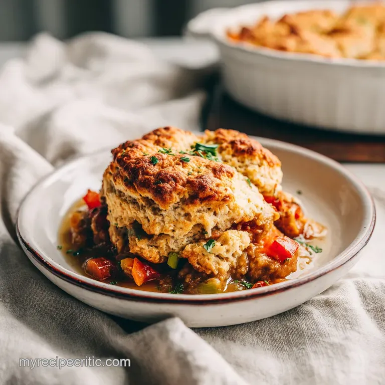 A single serving of chicken cobbler. A fluffy biscuit sits atop a spoonful of creamy, herbed chicken and vegetable mix.