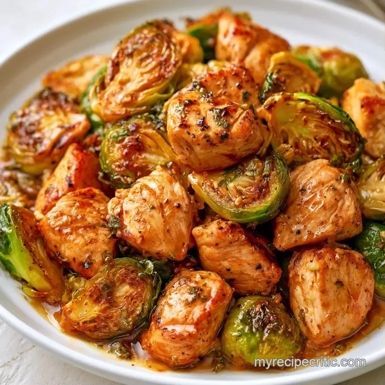 A neat portion of creamy chicken and roasted sprouts on a white ceramic plate, garnished with bright parsley.