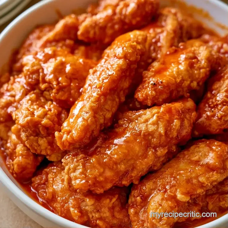 Golden fried strips glazed in spicy red sauce on a slate platter with crisp celery and a side of creamy white dip.