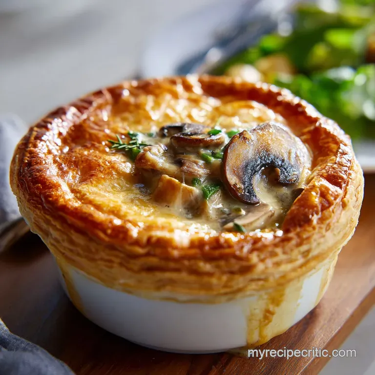 Slice of creamy chicken and mushroom pie with a buttery, golden crust, presented on a white plate with a sprinkle of fresh...