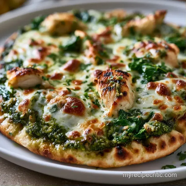 Slices of pesto-topped flatbread on a white marble platter, garnished with fresh greens and red pepper flakes.