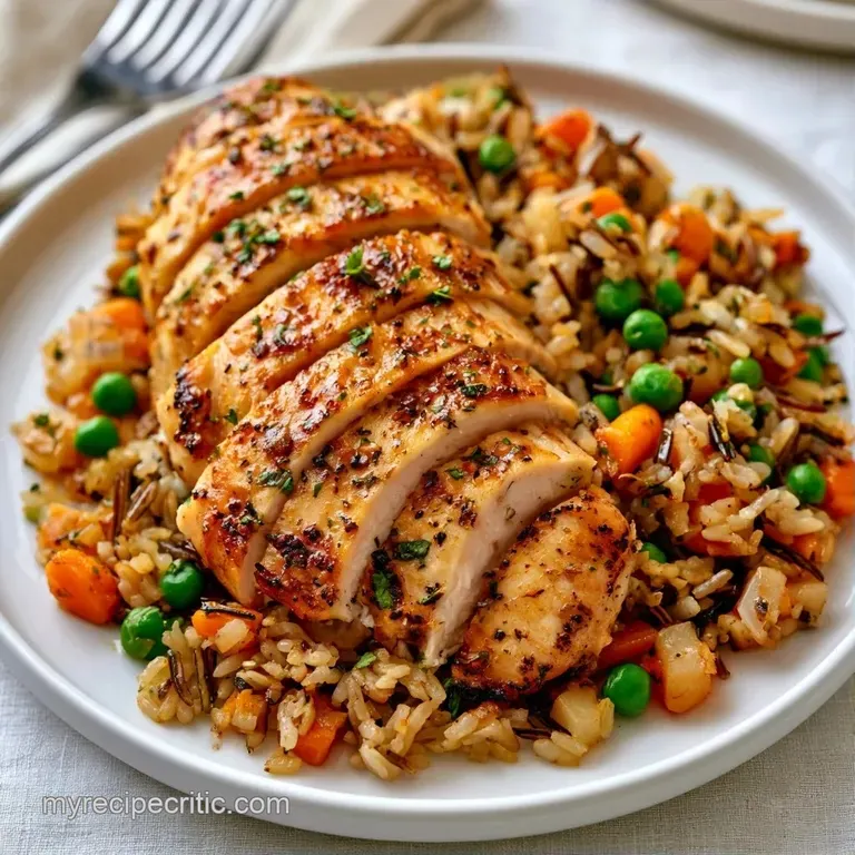 A scoop of creamy wild rice and tender chicken in a white ceramic bowl, garnished with bright, fresh chopped parsley.