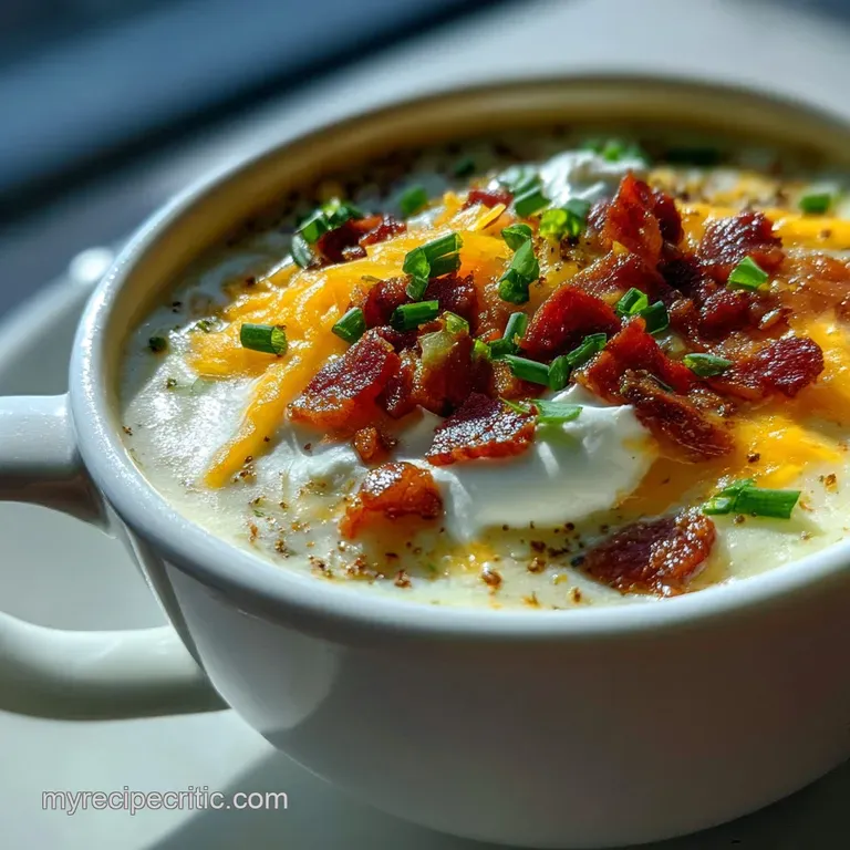 A rustic bowl of steaming potato soup, drizzled with melted cheese and garnished with crispy bacon and fresh chives.