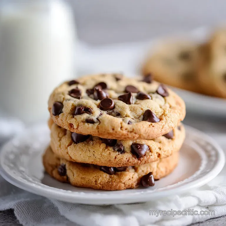 Stack of crispy chocolate chip cookies on a white plate, powdered sugar dusting, warm steam rising, next to a tall glass o...