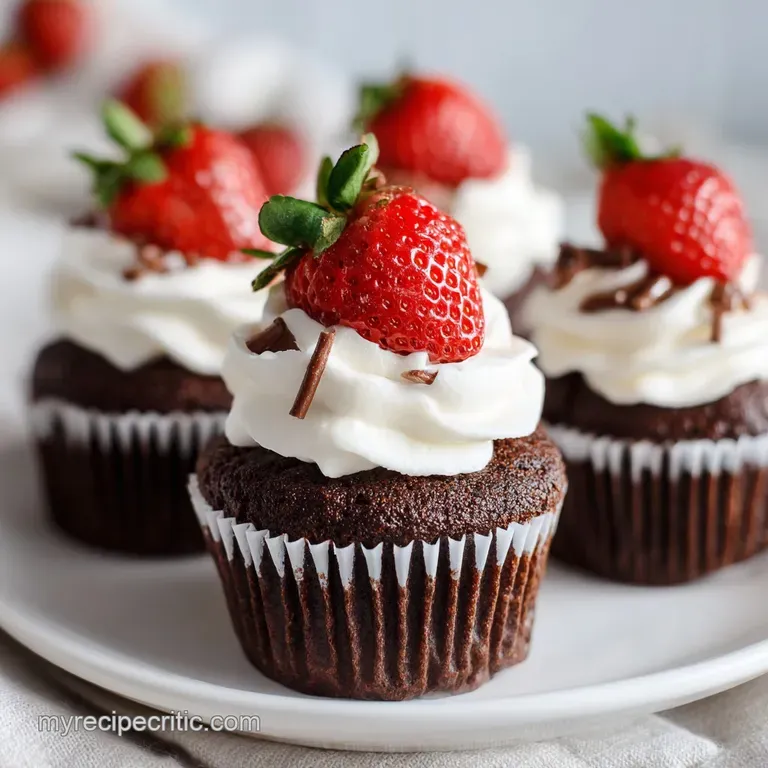 A single chocolate cupcake with strawberry sits on a plate, showcasing moist crumb and creamy frosting swirled high. Ripe,...