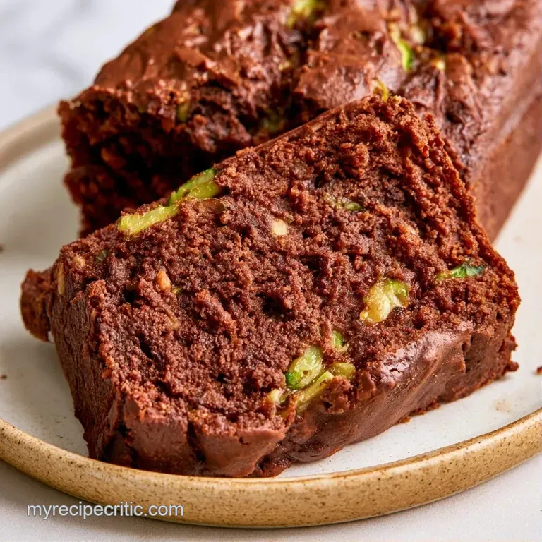A thick slice of deep cocoa cake served on a white ceramic plate with a dusting of powdered sugar and fresh mint.