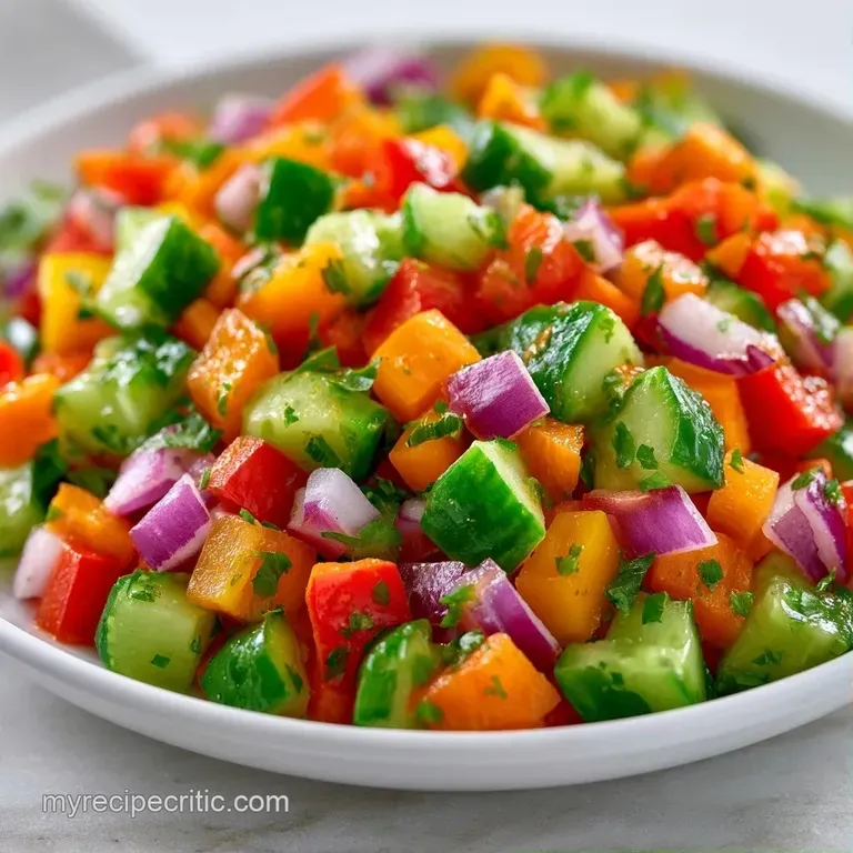 Brightly colored diced vegetables arranged in a white bowl, glistening with a light vinaigrette and fresh herbs.