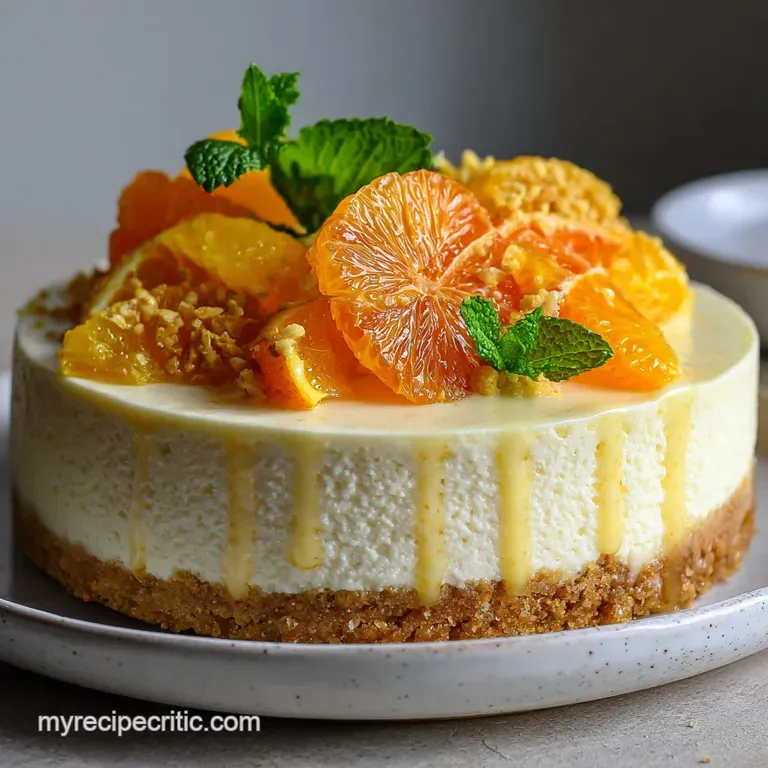 Slice of no-bake cheesecake with a glistening citrus topping and a dollop of whipped cream, garnished with zest on a white...