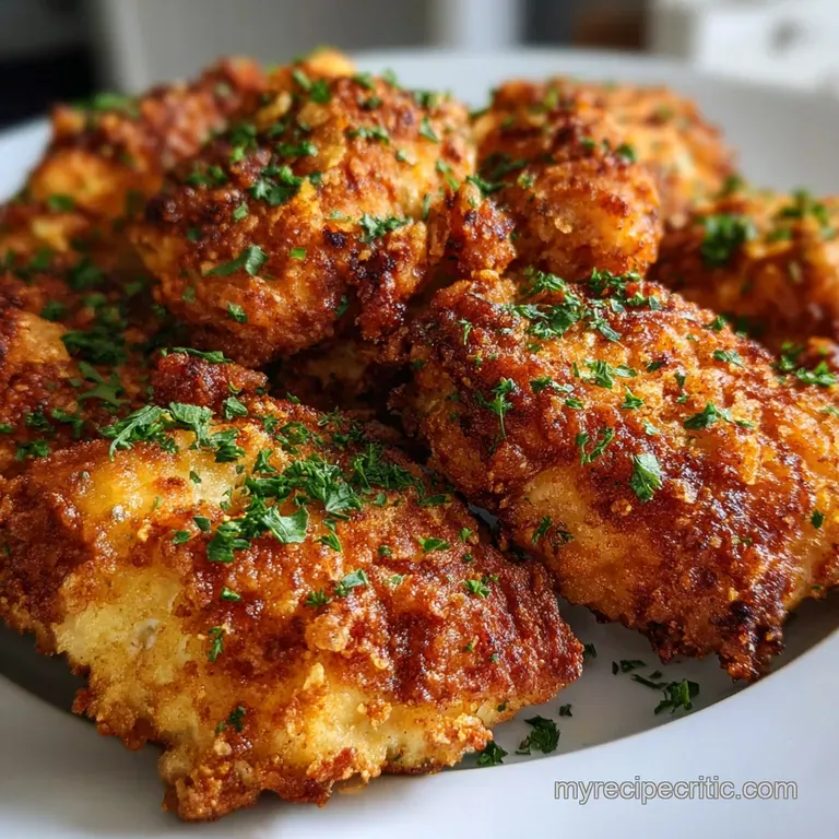 Plated city chicken skewers with vibrant parsley garnish. Crispy edges showcase baked texture, arranged beautifully to hig...